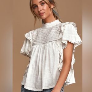 Free People women’s top Le Femme ivory ruffled short sleeve top white M NWOT